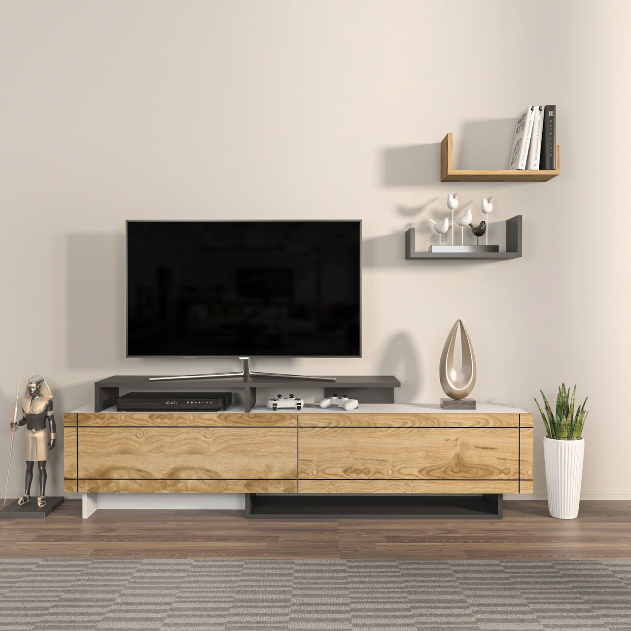 Comoda TV, Hanah Home, Tammy, 180x54x36.8 cm, Alb / Stejar / Antracit - imagine 6